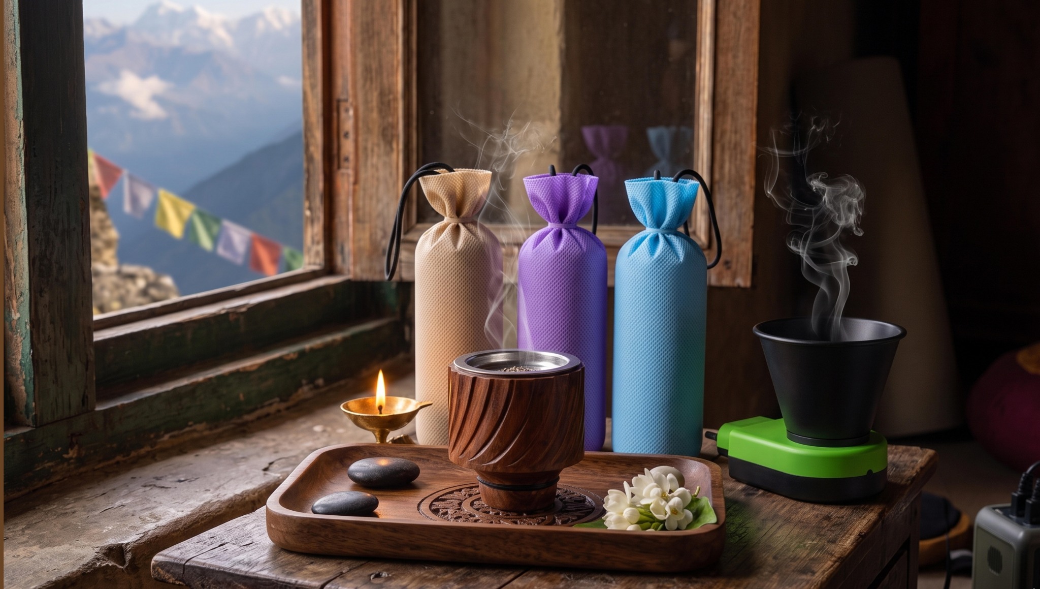 BAISWARA camphor fragrances and electric diffusers arranged in a warm traditional setting